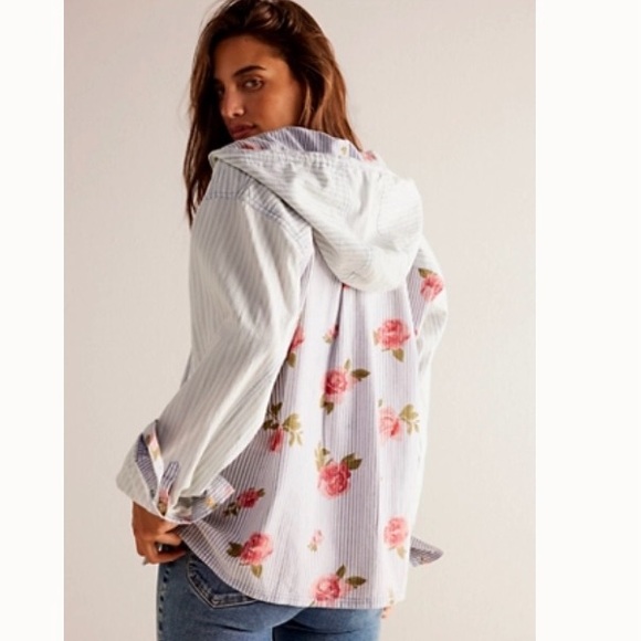 We The Free Tops - We The Free Blue Striped Floral Hoodie